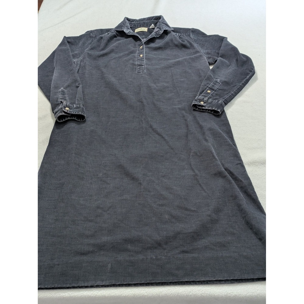 80s LL Bean Shirt Dress Size 14 Navy Blue Corduroy Button Front Vtg Modest Usa